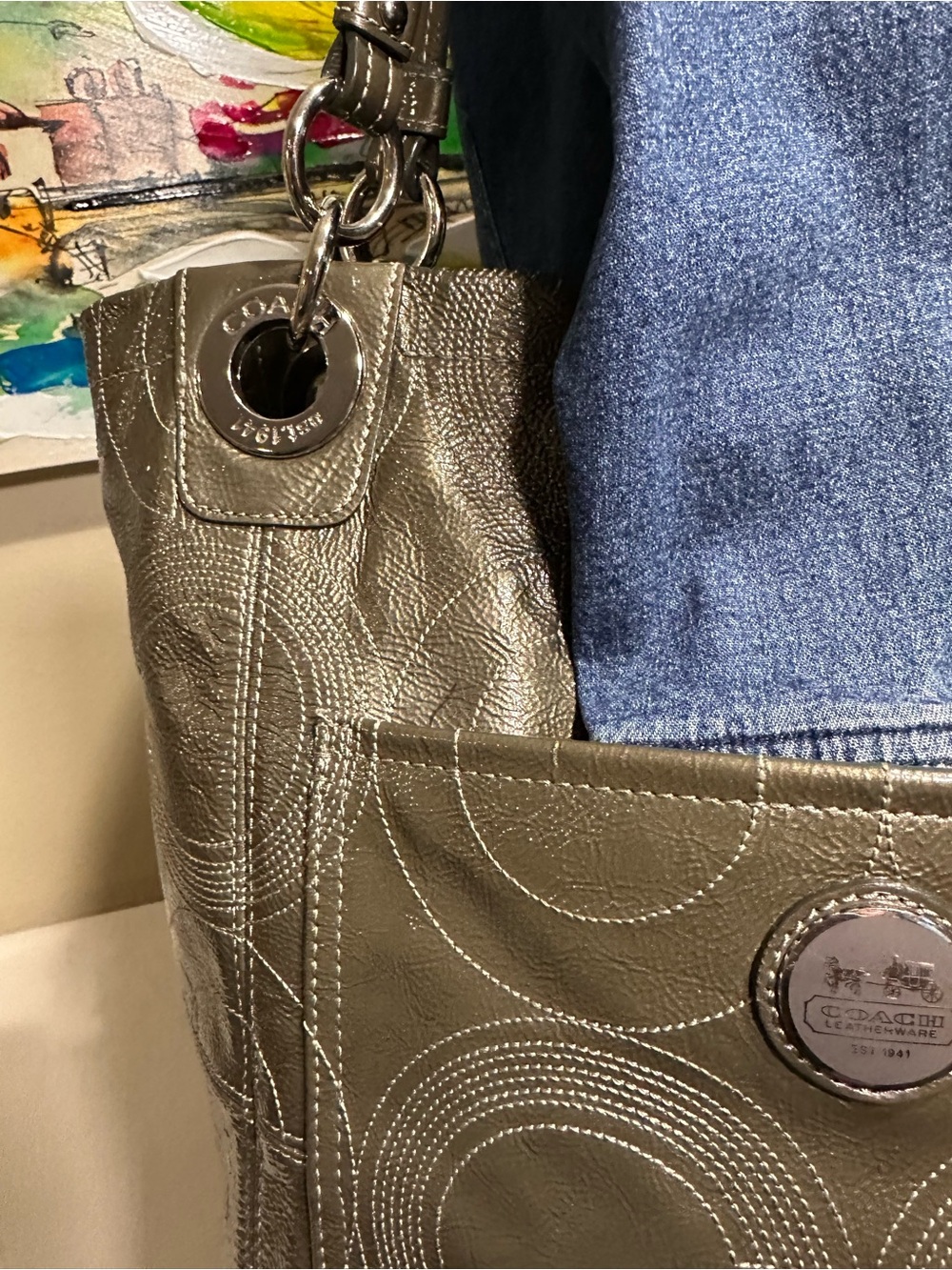 Coach Alex Stitched Patent Tote in a metallic Ollive Green color - Picture 5 of 13